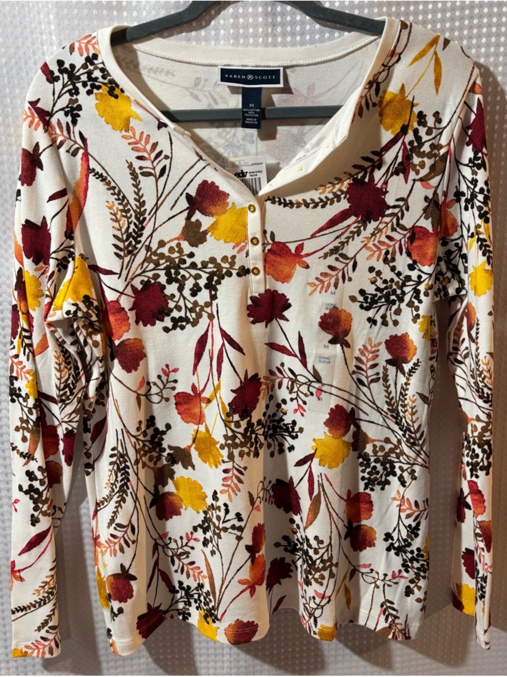 NWT Karen Scott M Women's Cream Floral Henley Top - Yellow & Burgundy